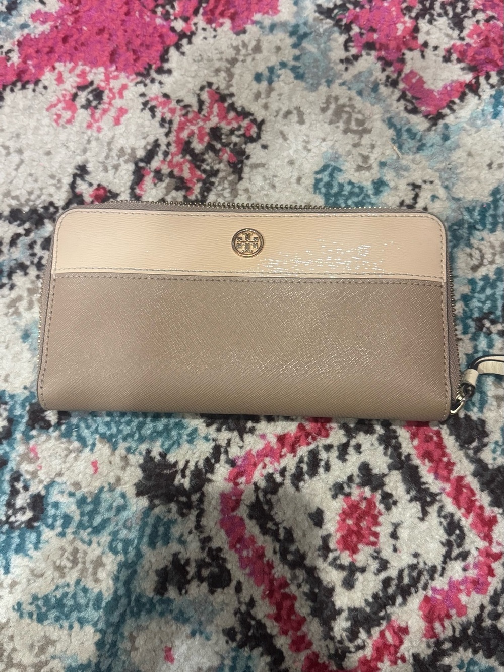 Tory Burch Two-Tone Leather Zip Wallet in Beige